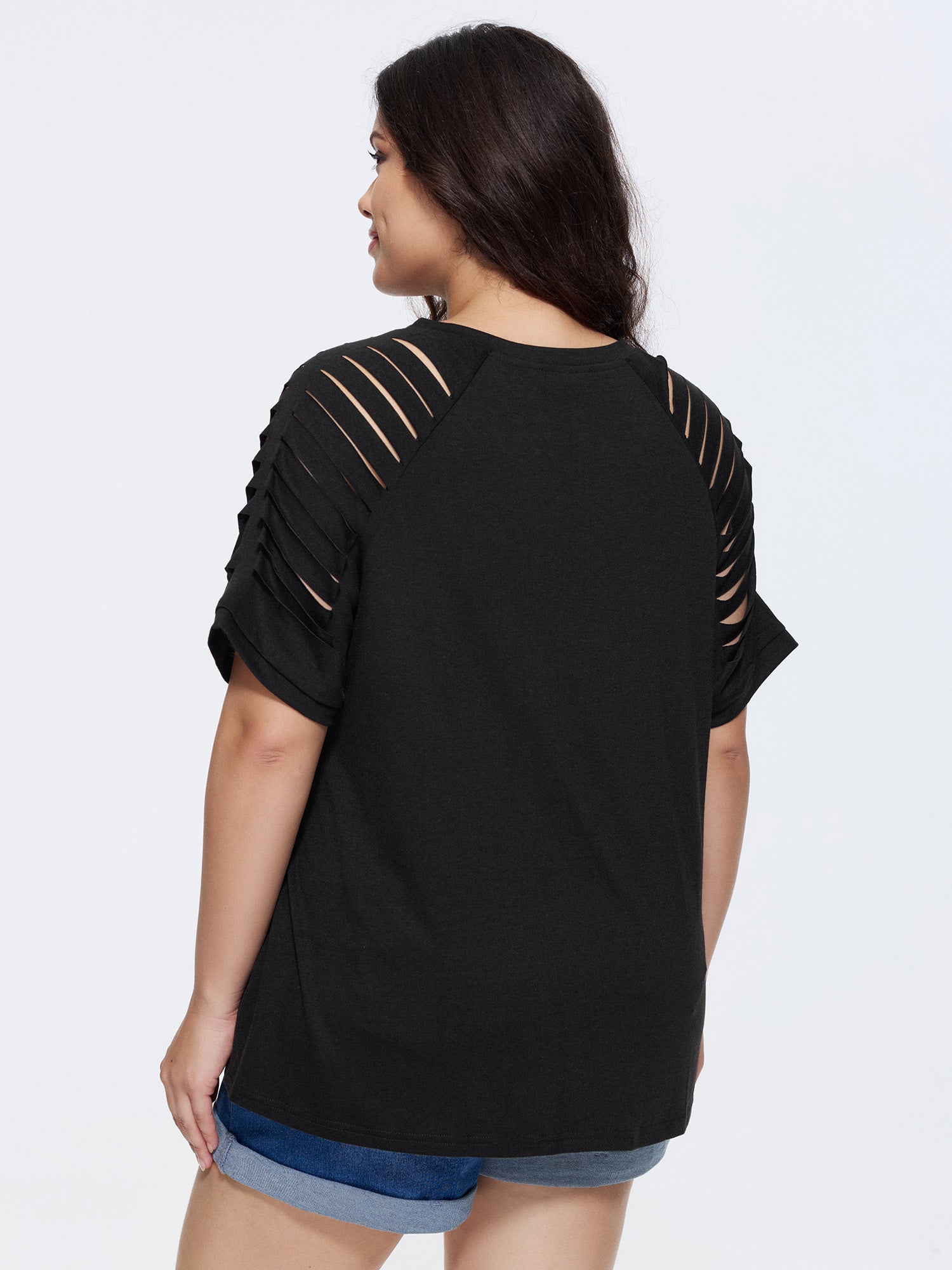 Cut-Out Sleeve V Neck T-Shirt
