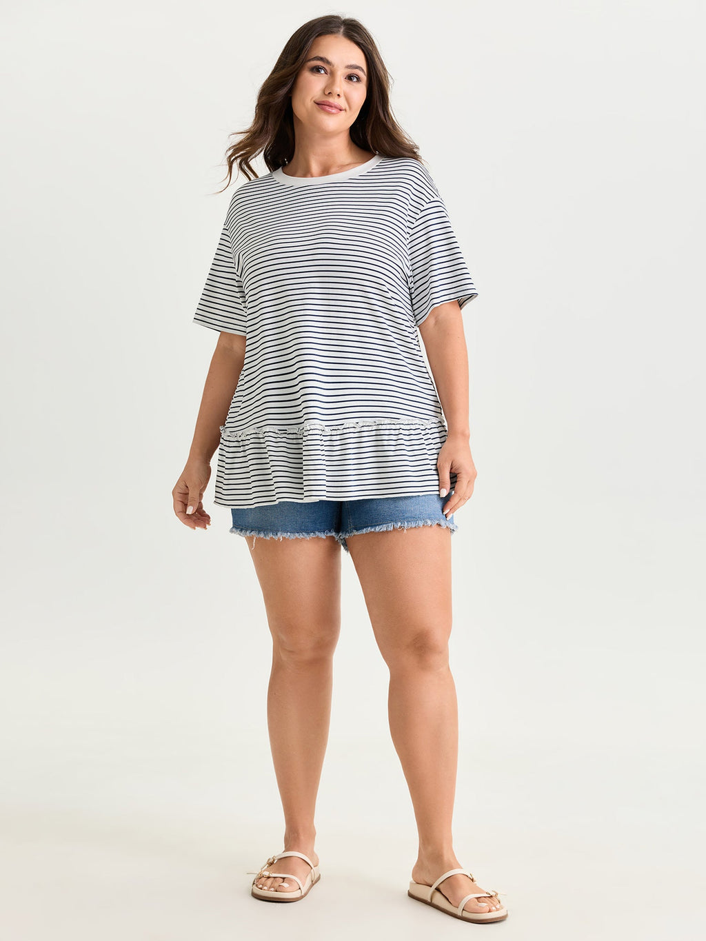 Striped Print Ruffled Hem Long T-Shirt