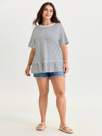 Striped Print Ruffled Hem Long T-Shirt