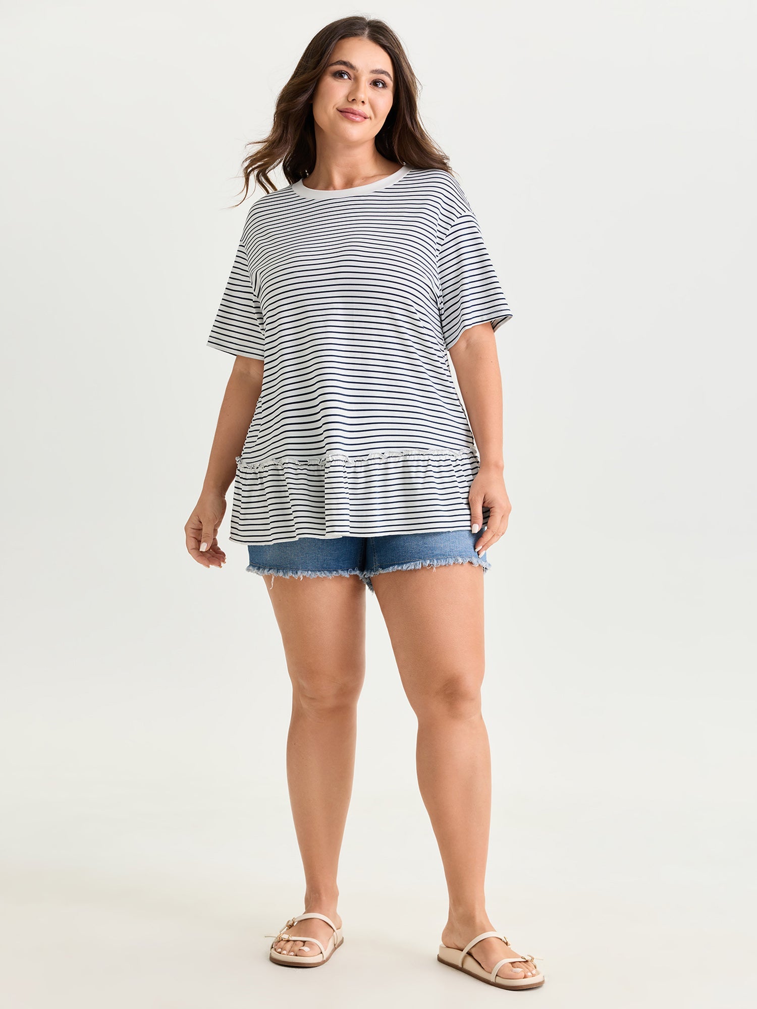 Striped Print Ruffled Hem Long T-Shirt