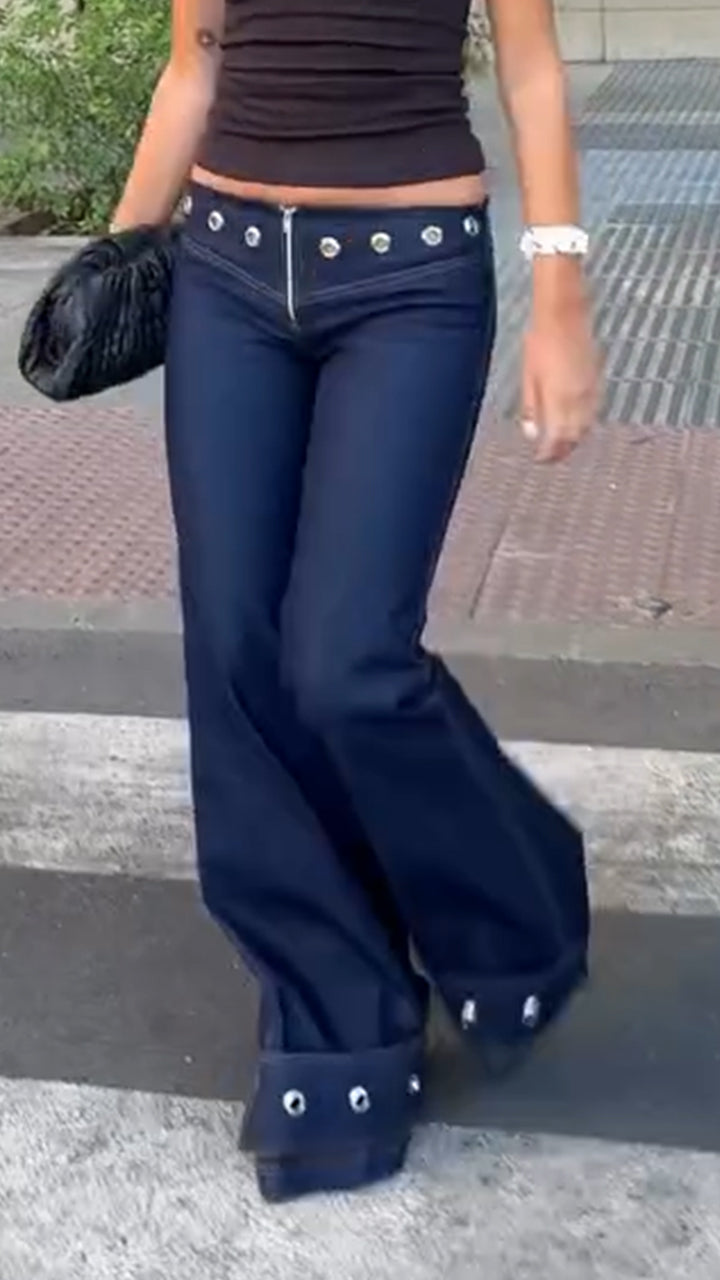 Women Rivet Decorative Spliced Casual Jeans