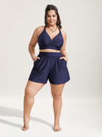 High Waisted Pockets Solid Pleated Swim Shorts