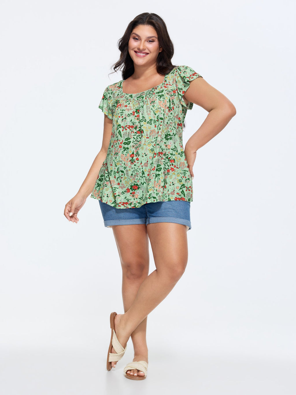 Pure Cotton Floral Print Square Neck Top