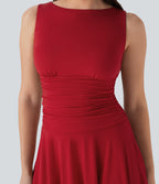 Boat Neck Sleeveless Ruched Flowy Mini Casual Dress