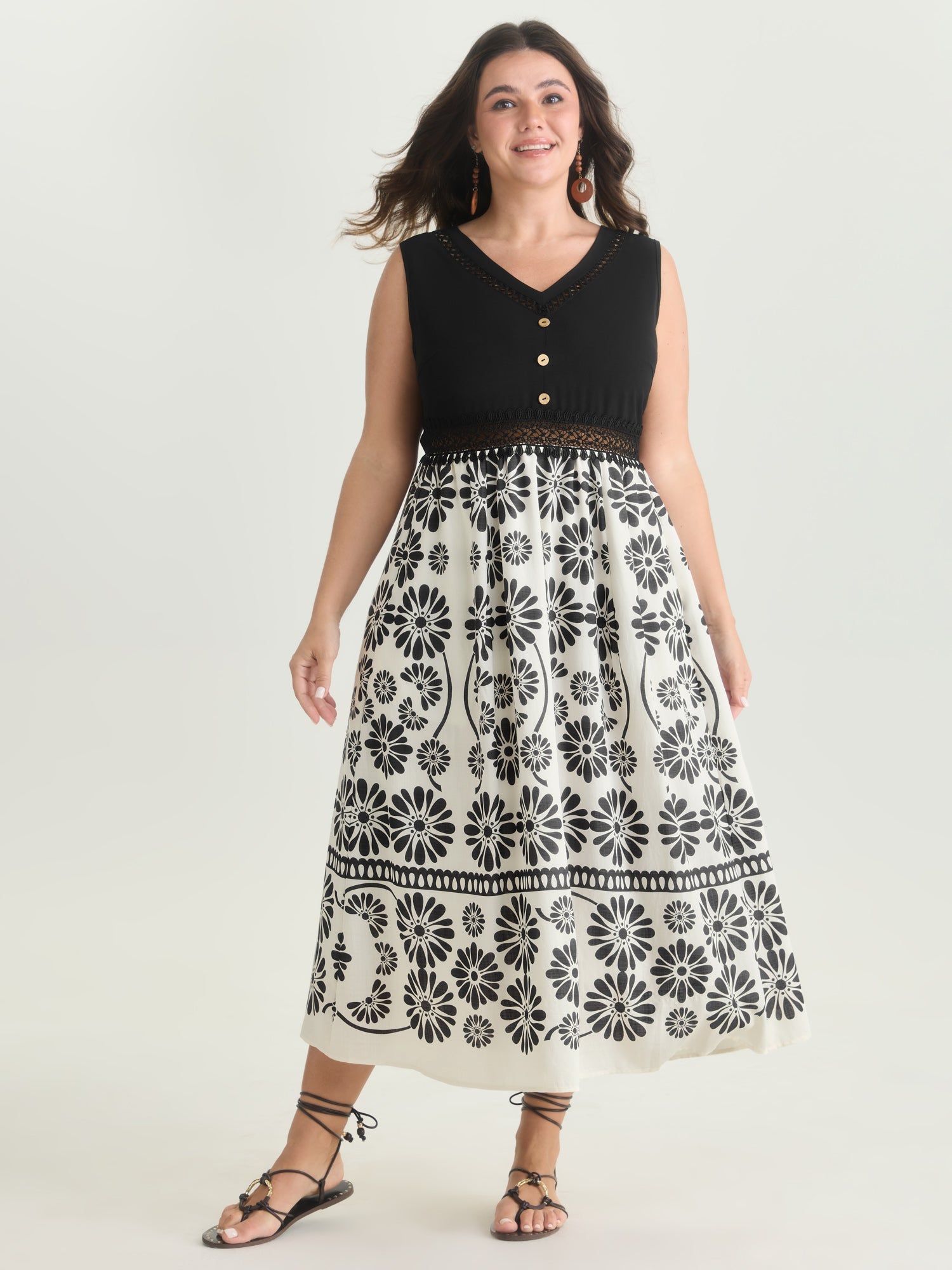 Floral Sheer Lace Trim Contrast Midi Dress