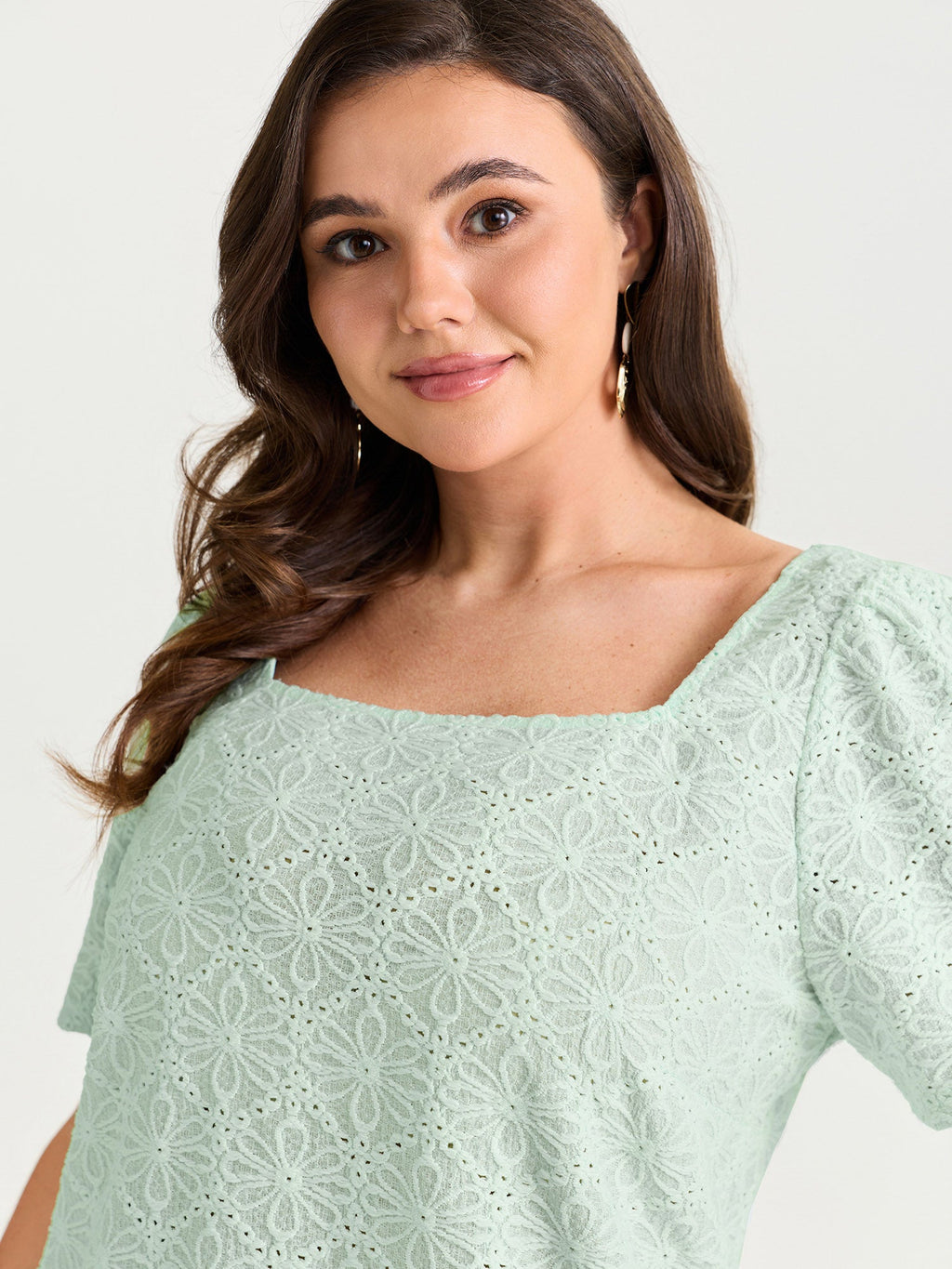 Textured Button Detail Square Neckline Knit Top