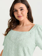 Textured Button Detail Square Neckline Knit Top