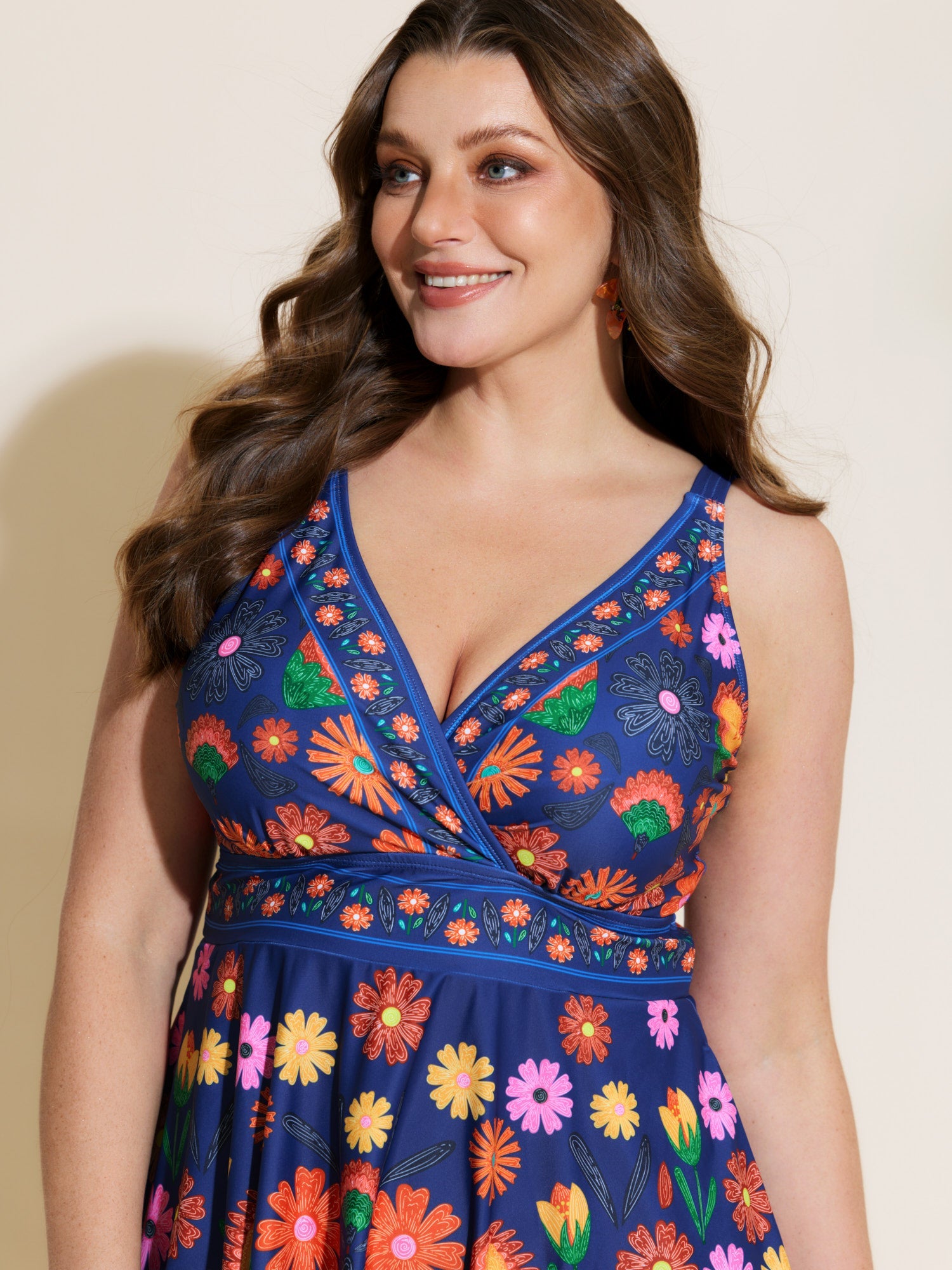 Floral Surplice Neckline Pockets Swim Dress