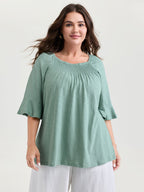 Ruffled Sleeve Shirred Neckline Plain Top