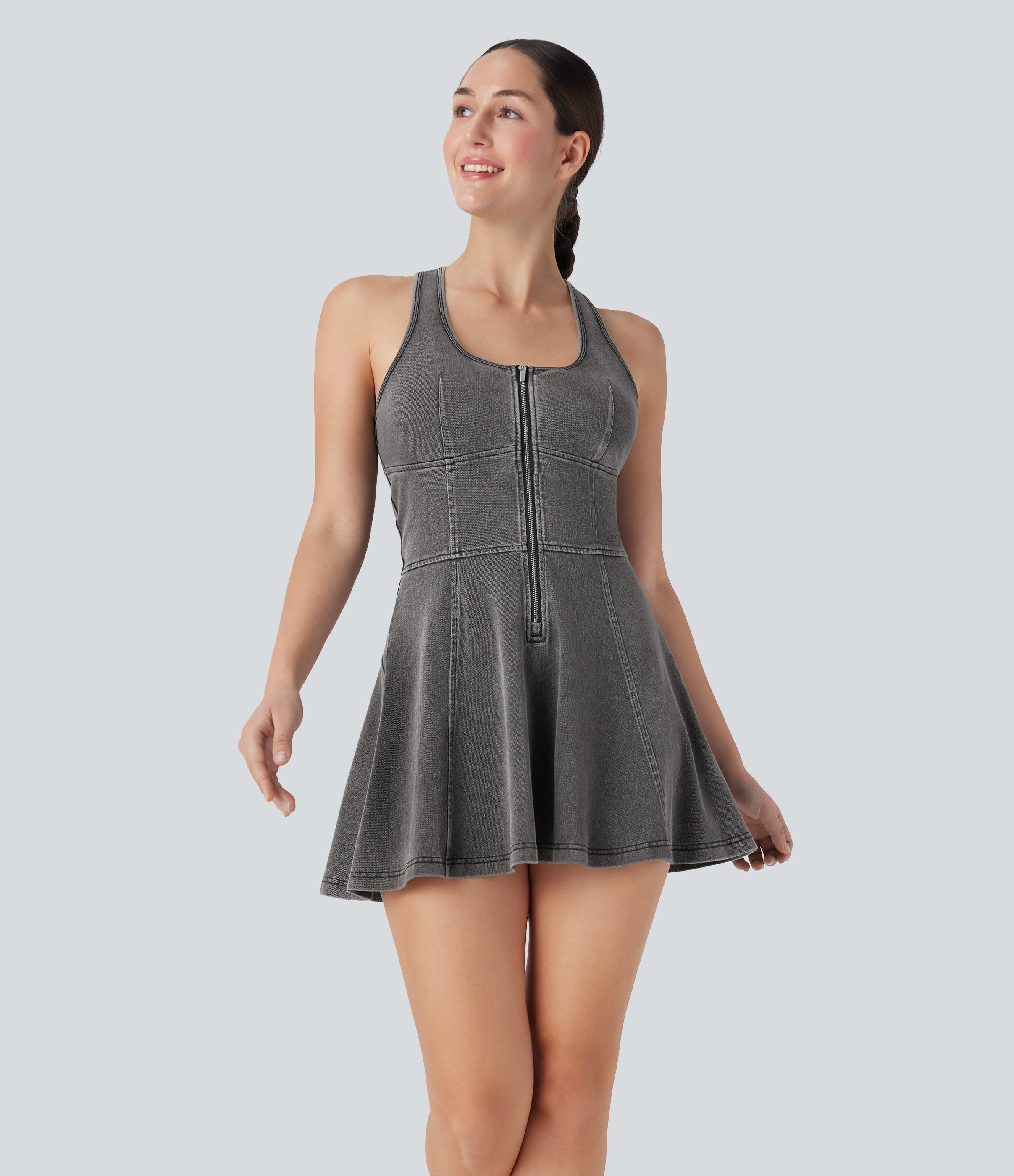 FlexTM Racerback Sleeveless Half Zipper Mini Washed Denim Casual Dress