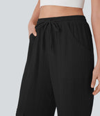 High Waisted Drawstring Wide Leg Cargo Casual Cotton Pants with Pockets