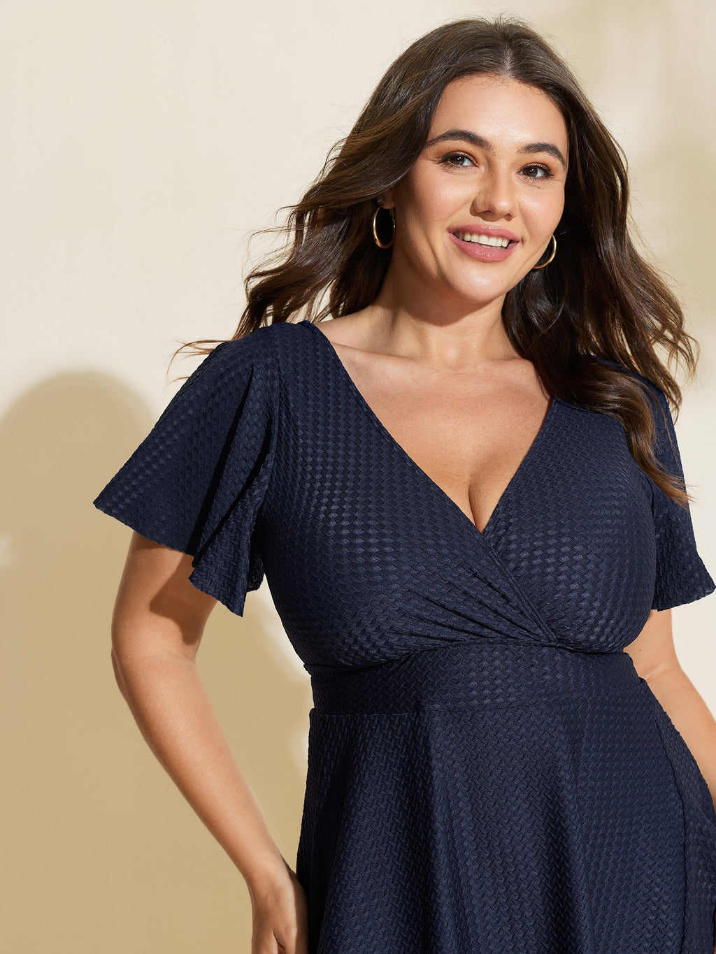 Textured V-Neck Ruffled Sleeve Swim Dress