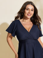 Textured V-Neck Ruffled Sleeve Swim Dress