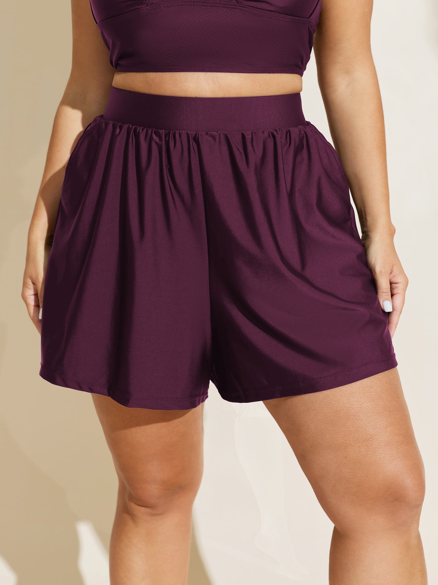 High Waisted Pockets Solid Pleated Swim Shorts