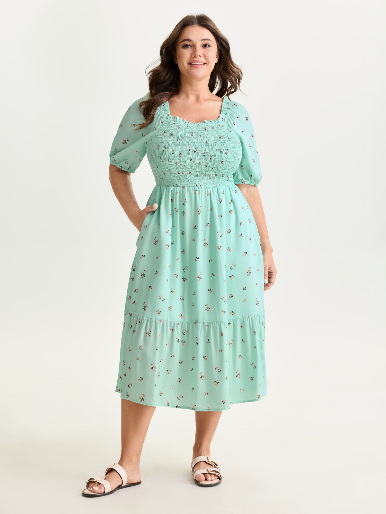 Micro Floral Shirred Bodice Midi Dress