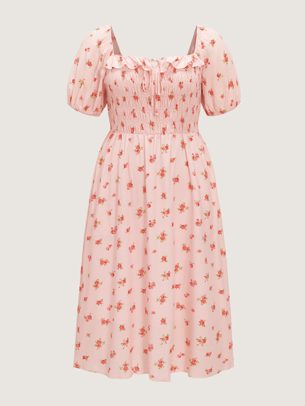 Floral Print Shirred Ruffled Neckline Midi Dress