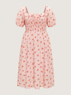 Floral Print Shirred Ruffled Neckline Midi Dress