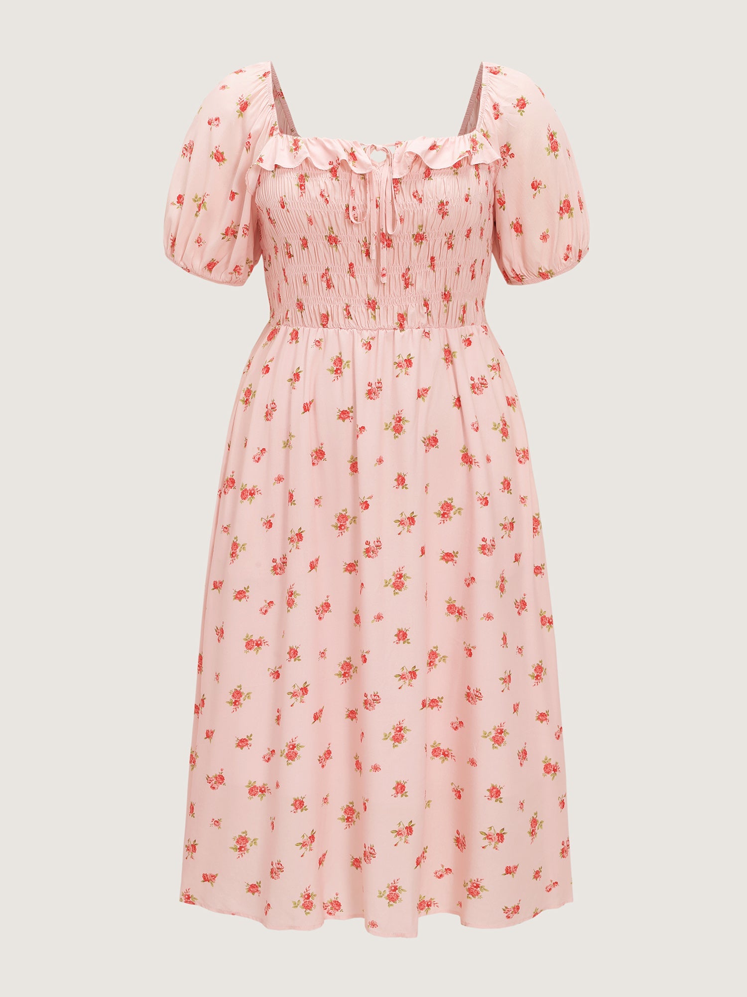 Floral Print Shirred Ruffled Neckline Midi Dress