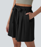 High Waisted Belted Casual Linen-Feel Bermuda Shorts with Pockets