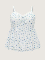 Cotton Floral Print Ruched Drawstring Neckline Tank Top