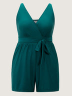 Surplice Neckline Belted Plain One-Piece Swimsuit