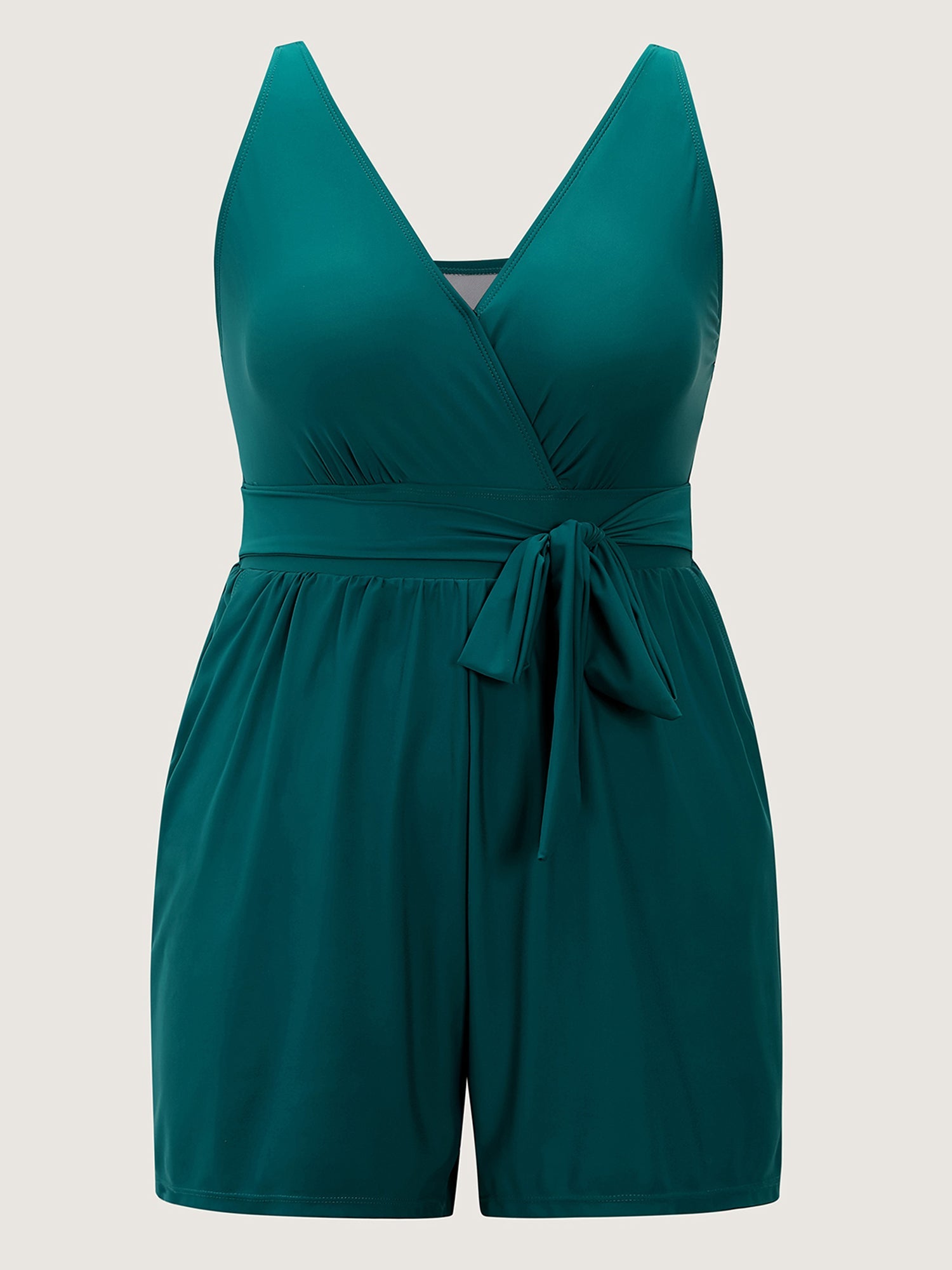 Surplice Neckline Belted Plain One-Piece Swimsuit