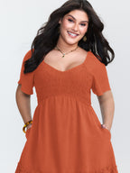 Shirred Bodice Ruffle Hem Flowy Mini Dress