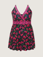 Tropical Floral Print Pockets Swim Dress