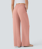 Women Summer High Waisted Drawstring Pocket Wide Leg Casual Linen-Feel Pants