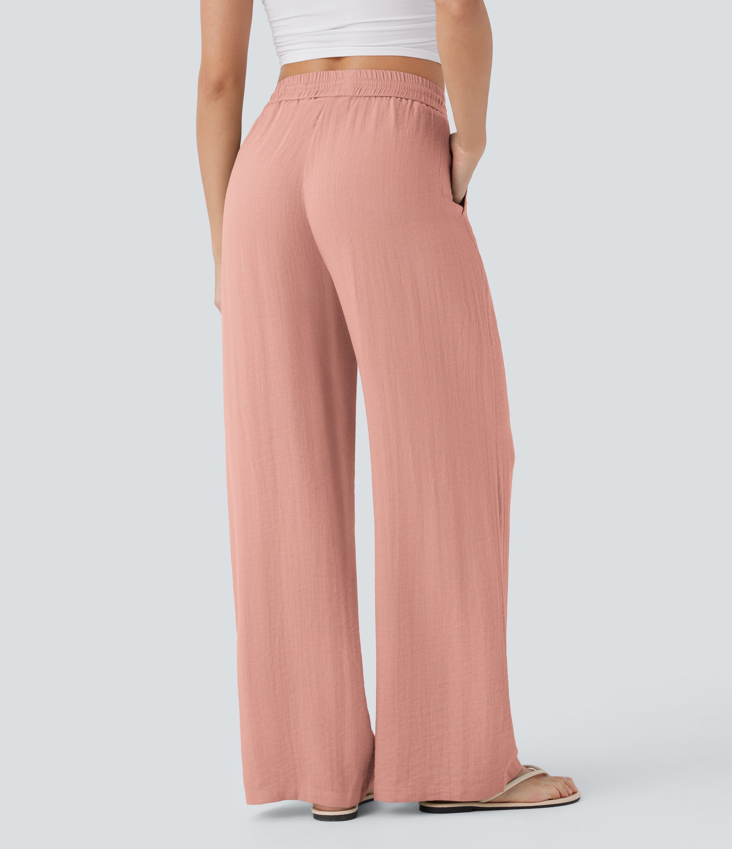 Women Summer High Waisted Drawstring Pocket Wide Leg Casual Linen-Feel Pants