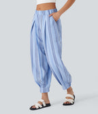 Mid Rise Stripe Casual Linen-Feel Joggers with Pockets