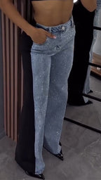 Ladies Spliced Rhinestone Casual Pants