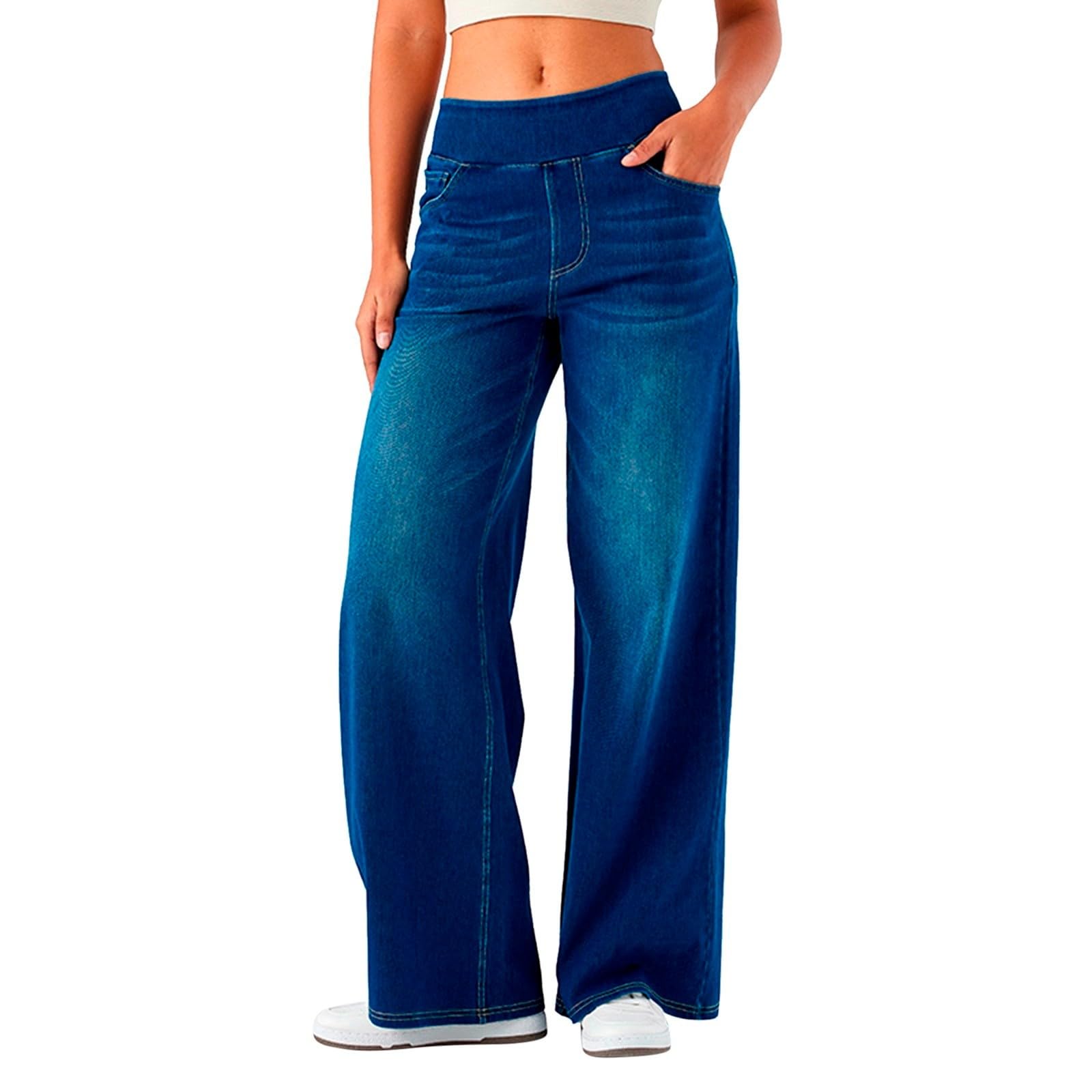 2026🔥 FlexTM High Waisted Multiple Pockets Baggy Wide Leg Washed Stretchy Knit Casual Jeans