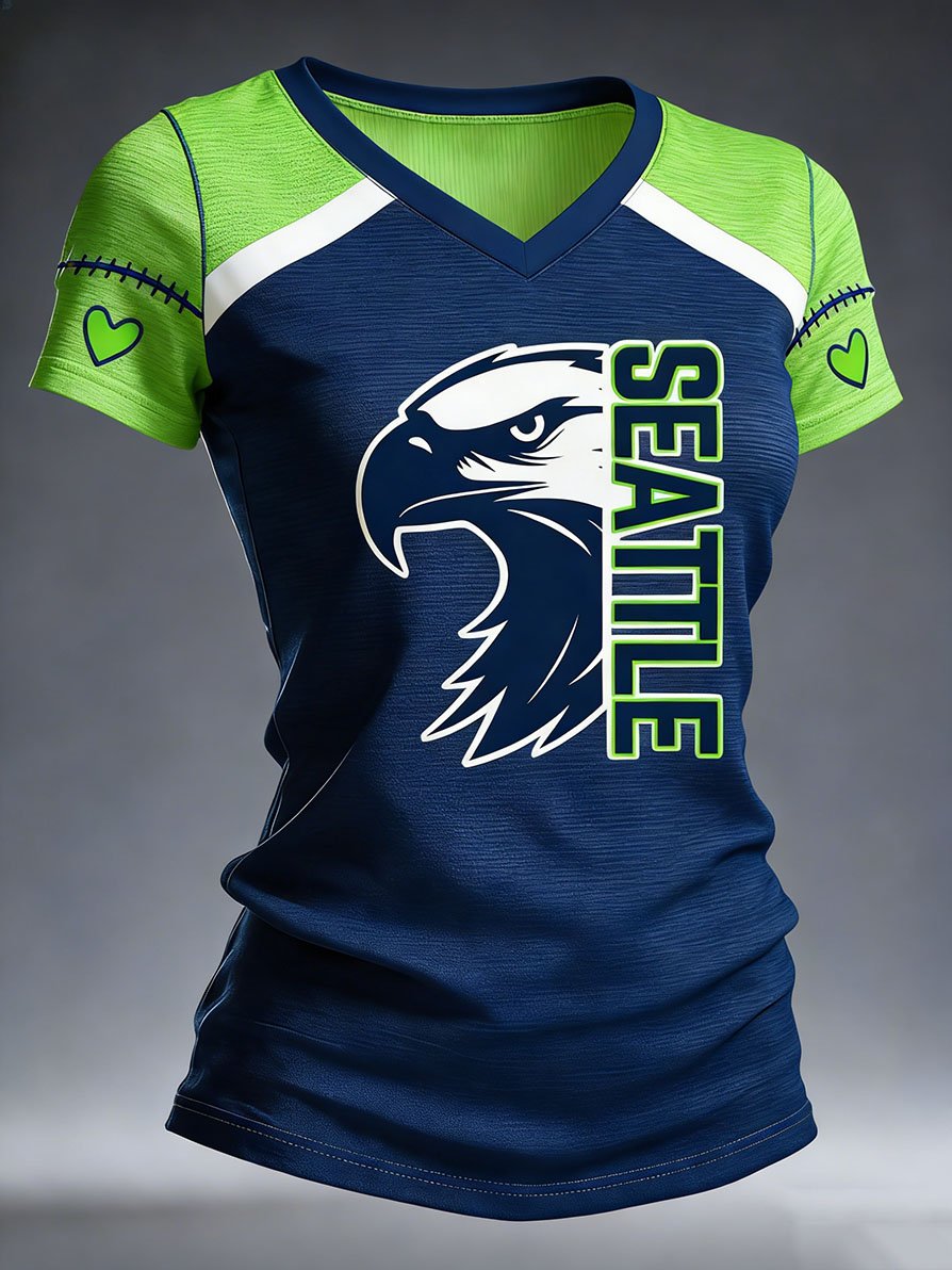 Women's Fashion Seattle Football Fan V-neck Short-sleeved T-shirt