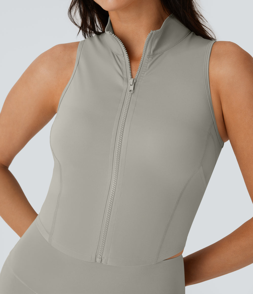 SoftlyZeroTM QuickDry Stand Collar Zipper Cropped Yoga Tank Top with Pockets