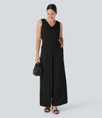 Ribbed Cowl Neck Sleeveless Wide Leg Casual Jumpsuit with Pockets