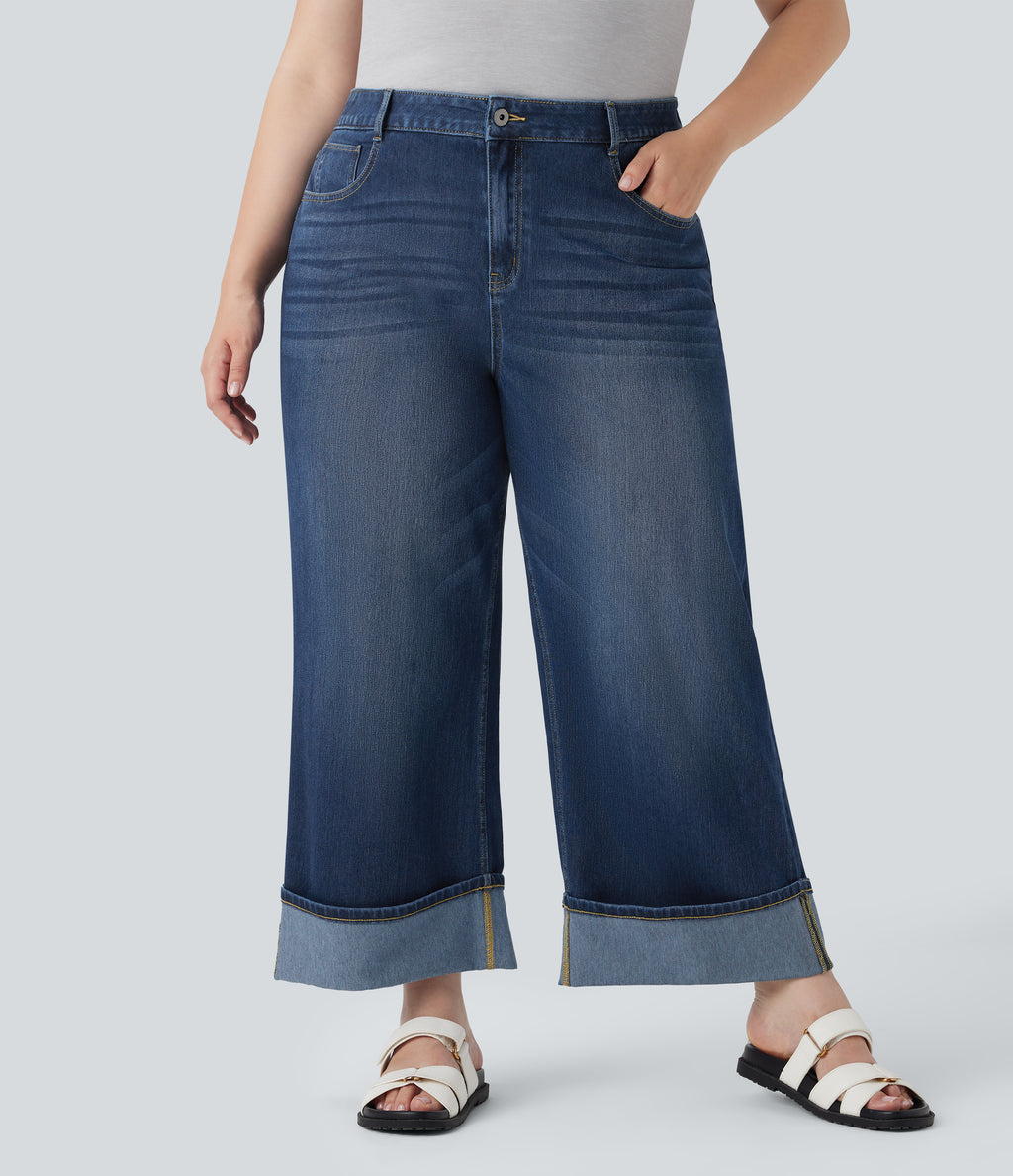 Plus Size FlexTM High Waisted Wide Leg Rolled Hem Washed Stretchy Knit Casual Jeans with Pockets