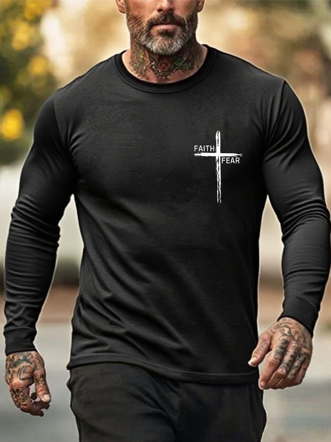 Men's Retro Faith Cross "Faith Over Fear" Print Crew Neck T-Shirt