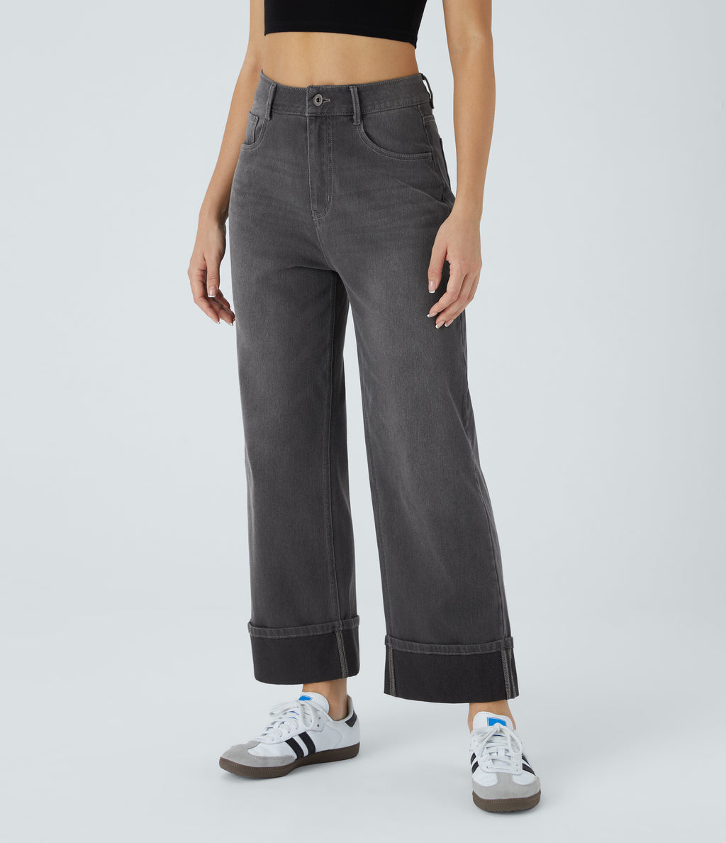 FlexTM High Waisted Multiple Pockets Rolled Hem Wide Leg Washed Stretchy Knit Casual Jeans