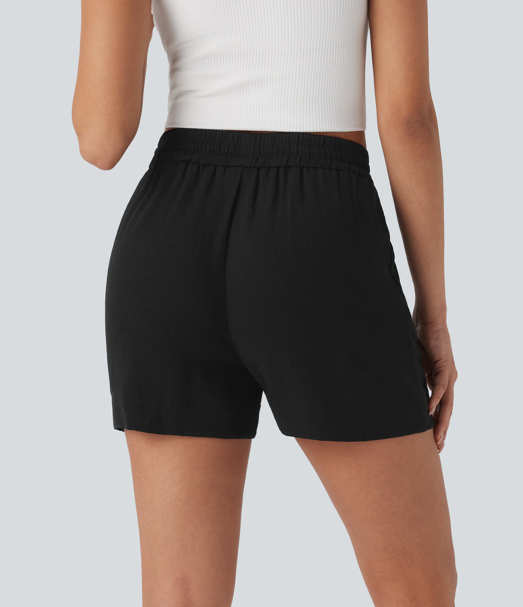 Mid Rise Drawstring Linen-Feel  Work Shorts with Side Zip Pockets