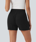Mid Rise Drawstring Linen-Feel  Work Shorts with Side Zip Pockets