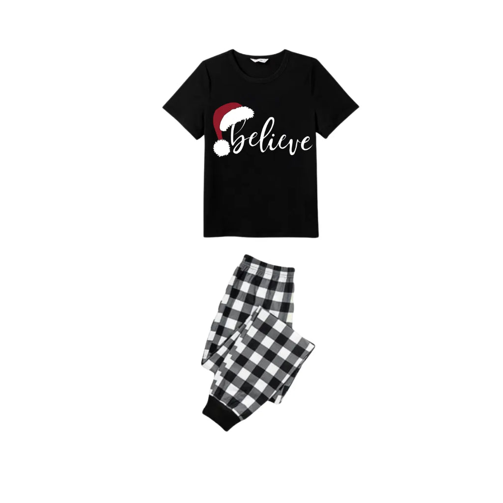 Believe Couple Christmas Pajamas Set - Black Top Black and White Plaid Pants White Text Graphic