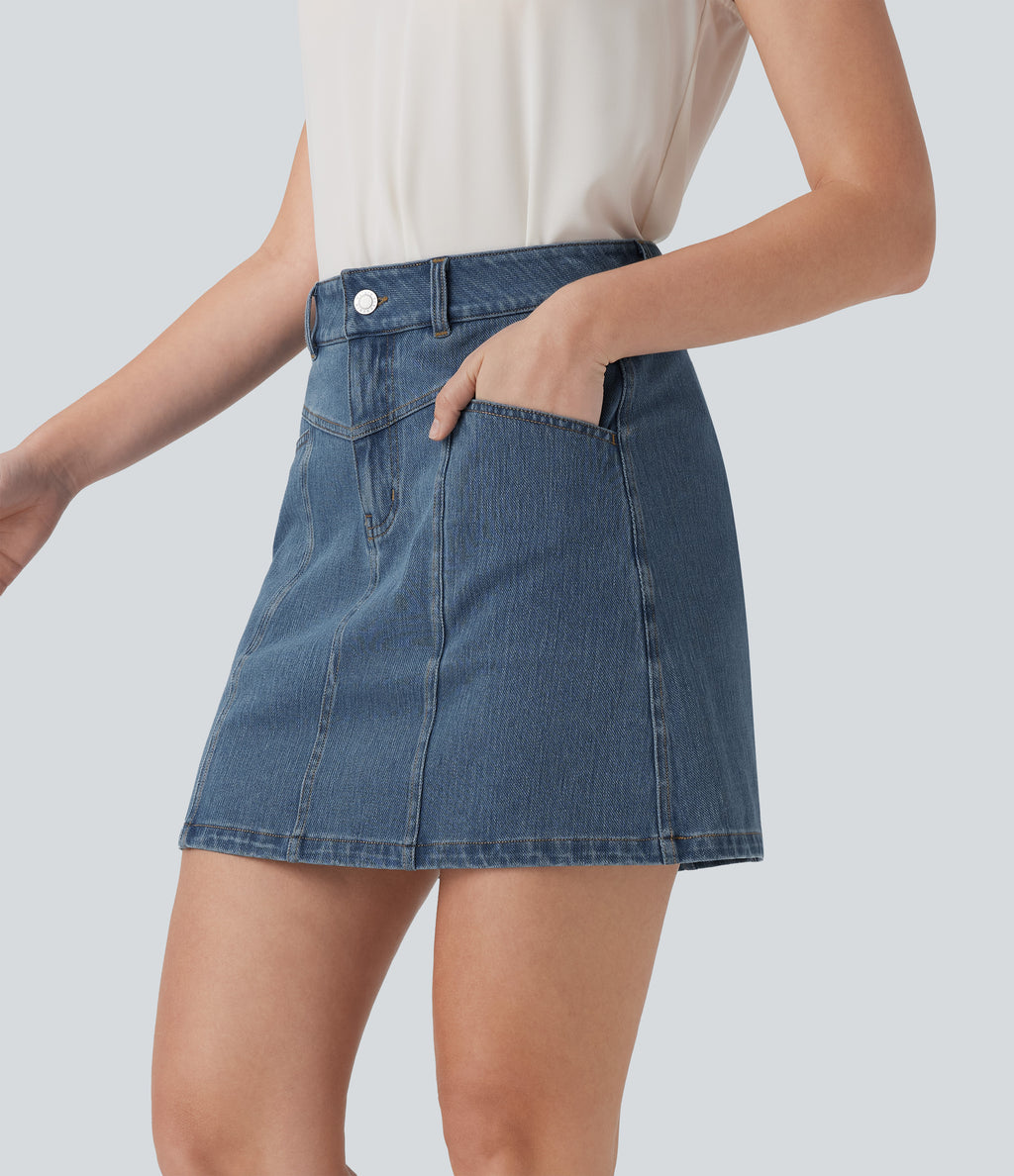 FlexTM Mid Rise A Line Stretchy Knit Denim Mini Casual Skirt with Pockets