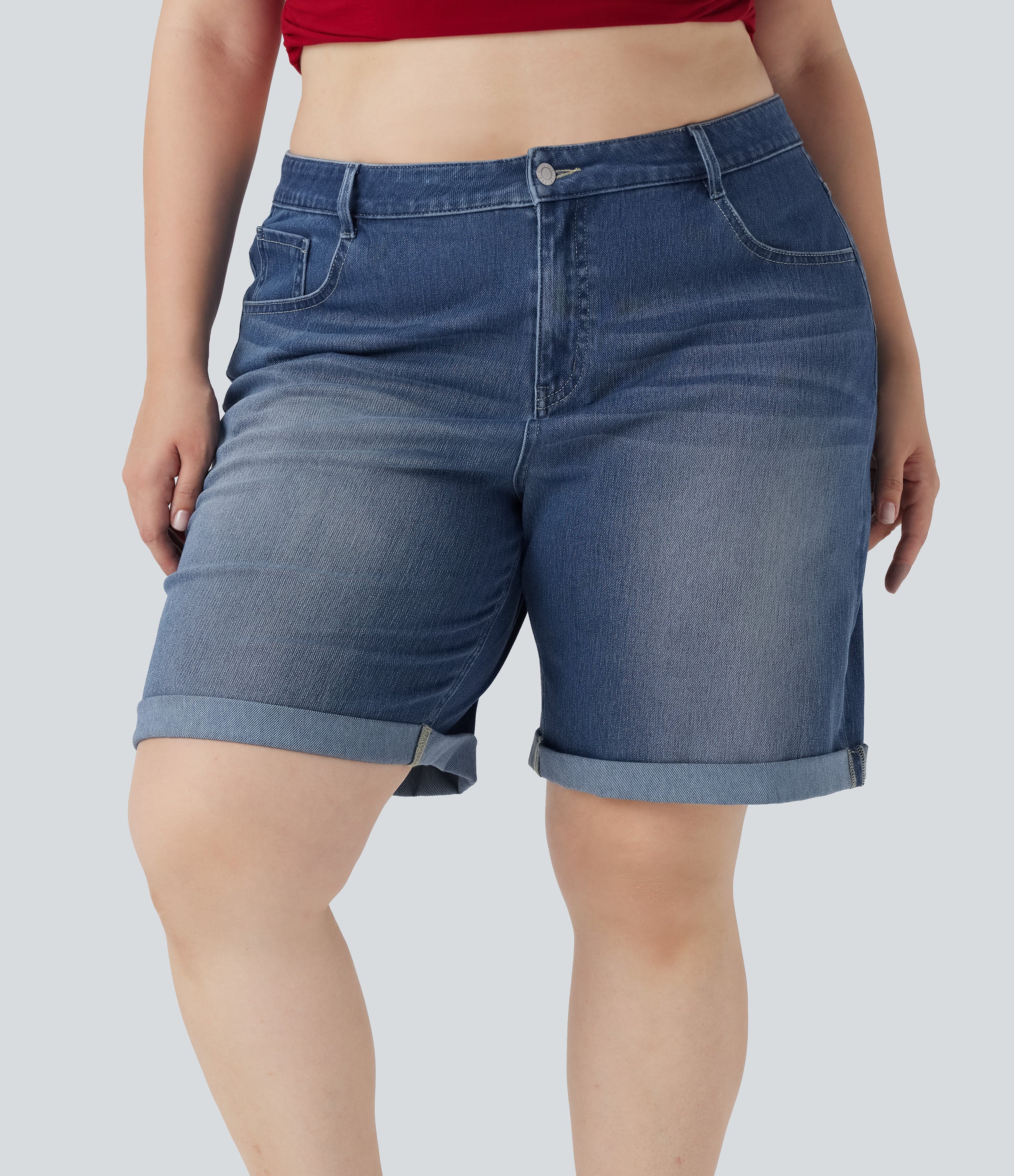 FlexTM High Waisted Multiple Pockets Rolled Hem Washed Stretchy Knit Denim Casual Plus Size Bermuda Shorts