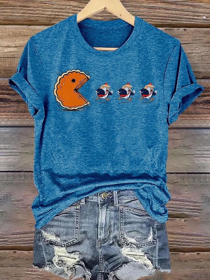 Women's  Funny Turkey Chasing Pie Sublimation FDT Thanksgiving  T-Shirt