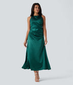 Tie Back Ruched Maxi Satin Dress