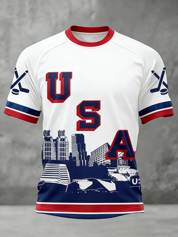 Men's USA Hockey Pattern Printed Short-Sleeved Shirt