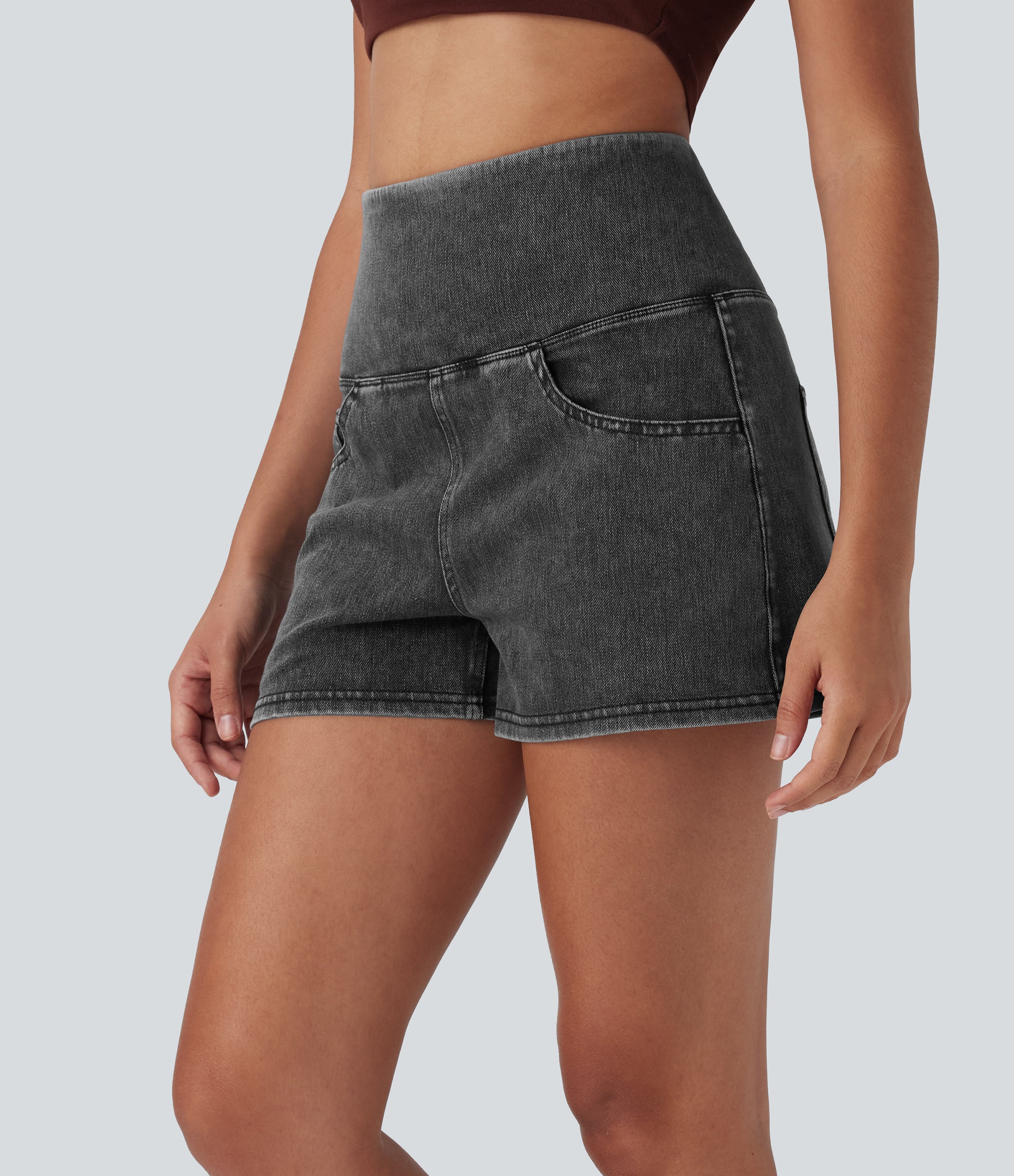 FlexTM SoCinched High Waisted Tummy Control Denim Casual Shorts 3'' with Pockets