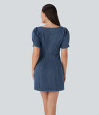 FlexTM Square Neck Short Sleeve Zipper Denim Mini Casual Dress