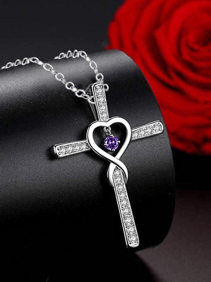 Women's Cross Encrusted Zircon Pendant Love Shaped Birthstone Necklace